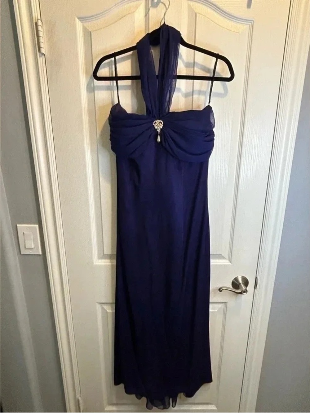 Strapless Royal Blue Evening Gown with Rhinestone Accent